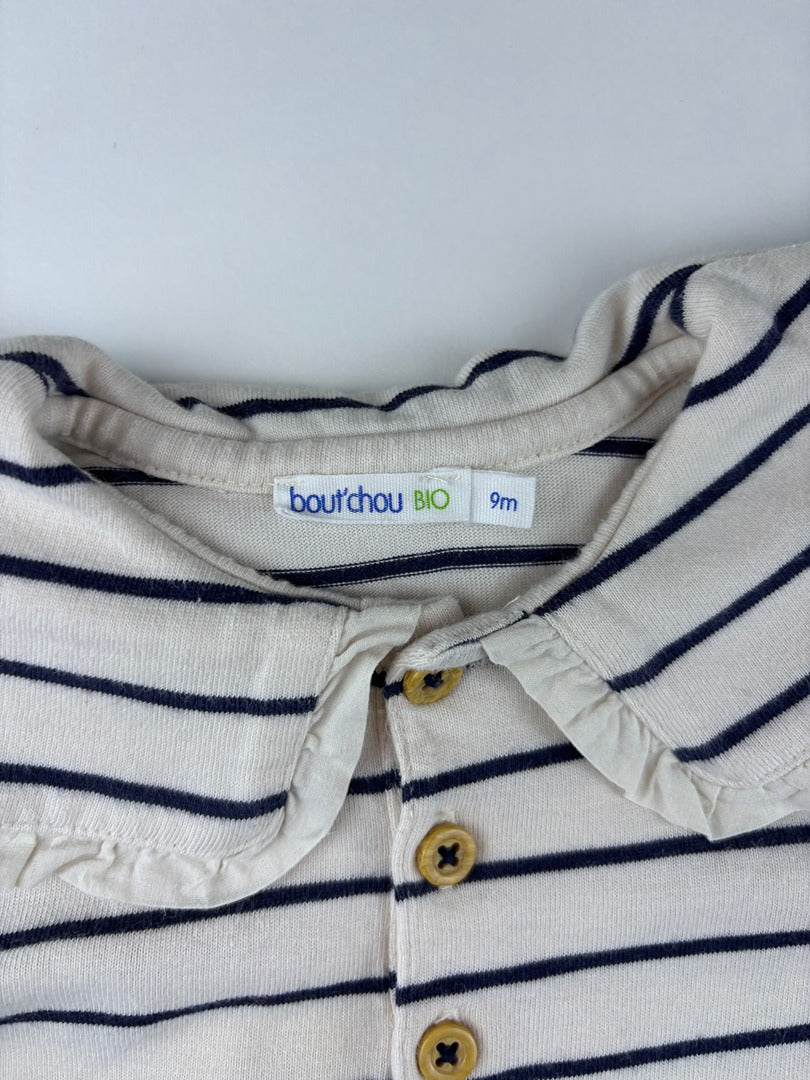 T-shirt manches longues Bout'chou - 9 Mois - Blanc/marine - État : Très Bon