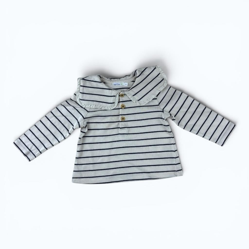 T-shirt manches longues Bout'chou - 9 Mois - Blanc/marine - État : Très Bon