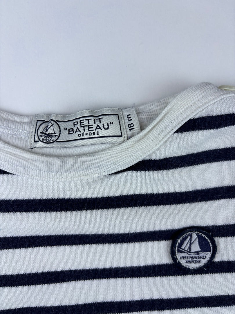 Body T-shirt Petit Bateau - 18 Mois - Blanc Et Marine - État : Excellent