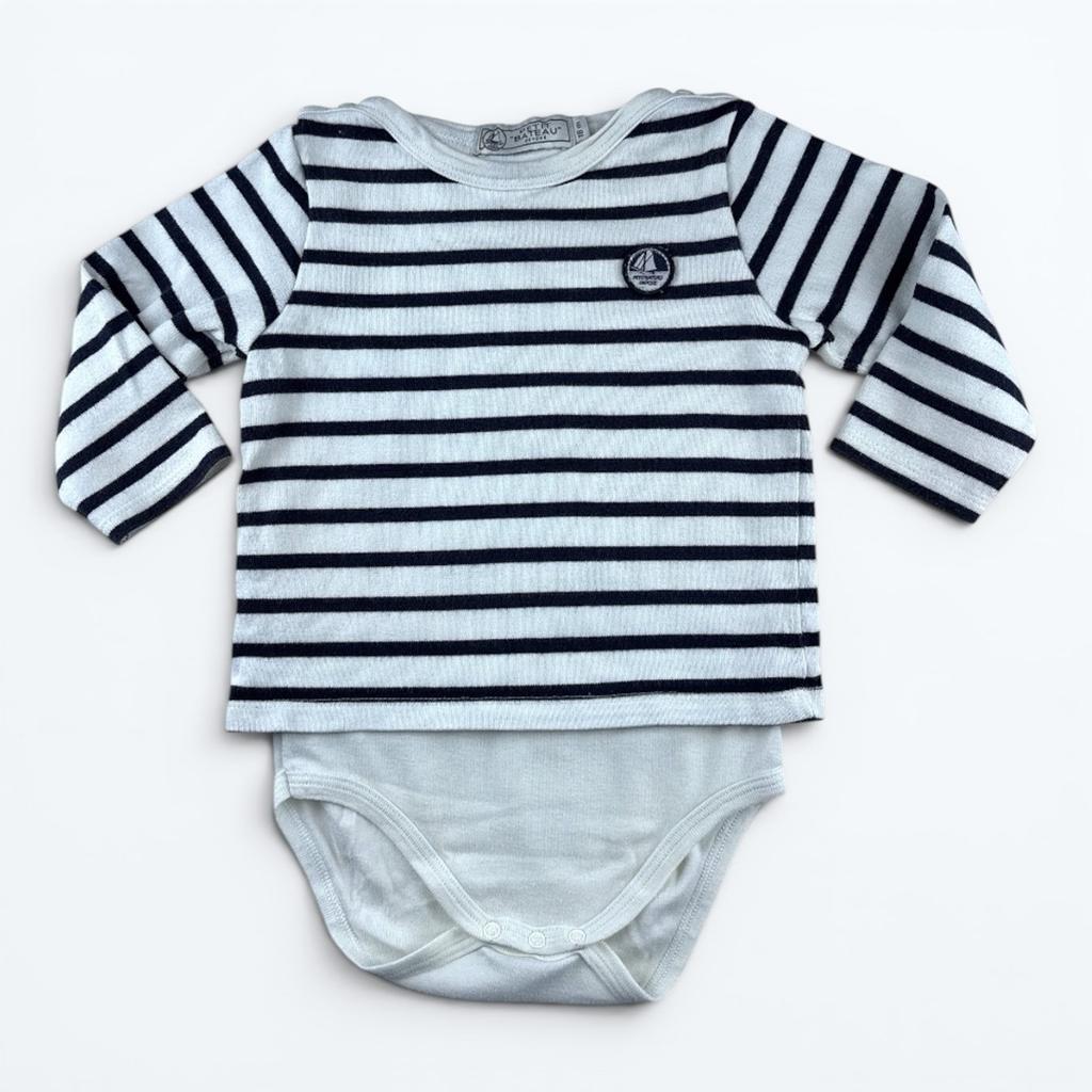 Body T-shirt Petit Bateau - 18 Mois - Blanc Et Marine - État : Excellent
