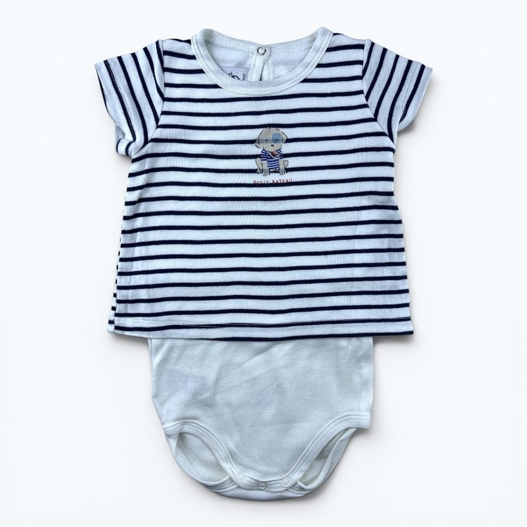 Body T-shirt Petit Bateau - 12 Mois - Marine/blanc - État : Excellent